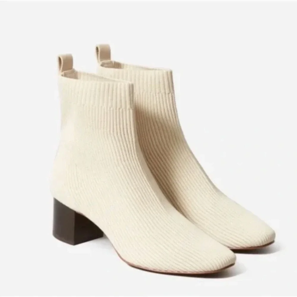 Everlane Glove Rib Knit Ankle Sock Boot 6.5 NWT Bone Block Heel White Academia